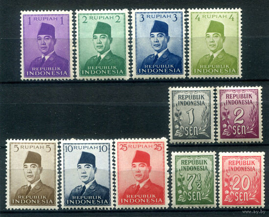 Индонезия - 1951г. - президент Сукарно, цифры - 11 марок - MNH, 2 марки с слегка пожелтевшим клеем, 1 марка чистая, без клея. #4-W2-133-A-1