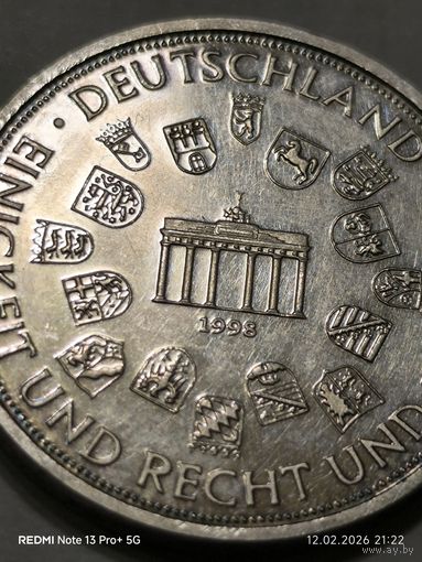 Памятная медаль Германия серебро  5 лет объединения Германии 3.10.1995, 26мм,10г