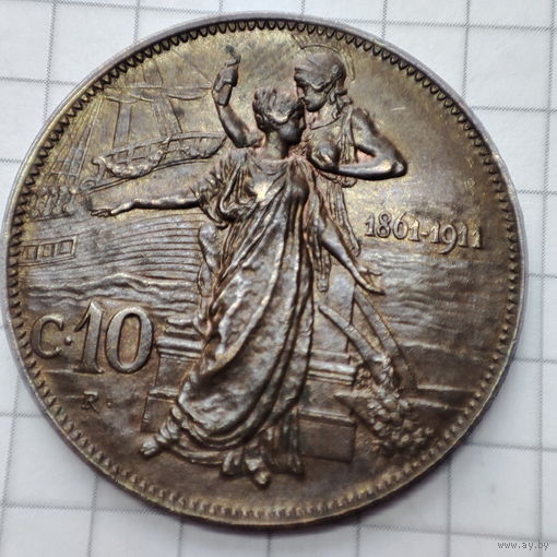 10 чентезимо 1911 года . Король Виктор Эммануил 3 Италия. 50 лет Королевству.