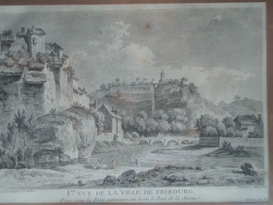 Офорт Вид на город Фрибург. Гравюра 1780-е годы #1