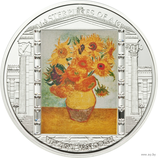 RARE Острова Кука 20 долларов 2010г. Шедевры искусства: "Винсент Ван Гог - Подсолнухи". Монета в капсуле; подарочном футляре; сертификат; коробка. СЕРЕБРО 93,30гр.(3 oz).