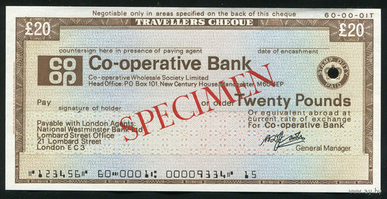 Дорожный чек Образец 20 фунтов стерлингов Банк Co-operative Bank Англия