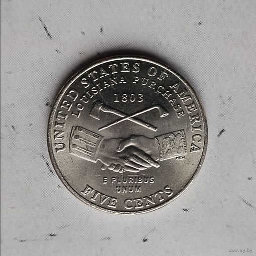 5 центов 2004(P) года США. Юбилейная монета. 200 лет экспедиции Льюиса и Кларка. Приобретение Луизианы. Очень красивая монета!