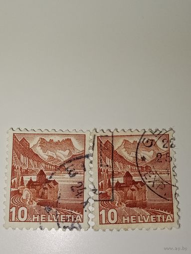 Марка Швейцария 1934 год с изображением замка Шильон (Chillon Castle) на берегу Женевского озера.