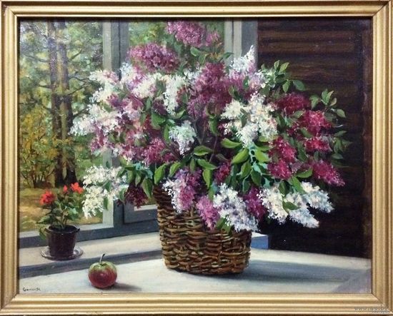 Гамов А.И "Сирень в окне", 1994г. Картон, масло.Размер 30х25 см.