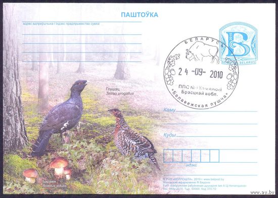 Беларусь 2010 ПК с "В" с СГ "Беловежская пуща" зубр глухарь фауна грибы