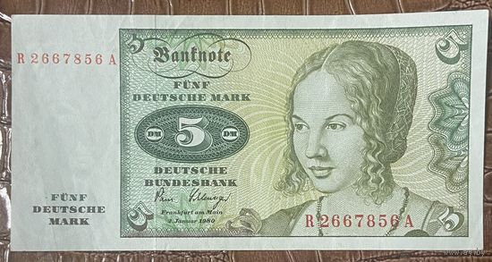 Банкнота 5 марок 1980 год. ФРГ. Портрет венецианской женщины. НЕ БЫЛА В ОБОРОТЕ.