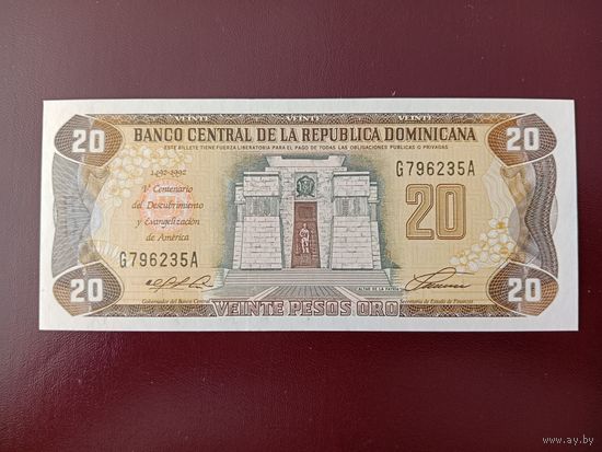 Доминиканская Республика 20 песо 1992 UNC (юбилейная)