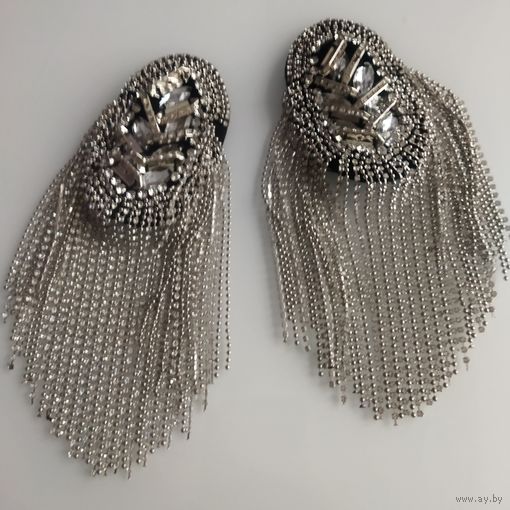 Крупные парные броши- погончики. Дорожки страз. 18х8 см..