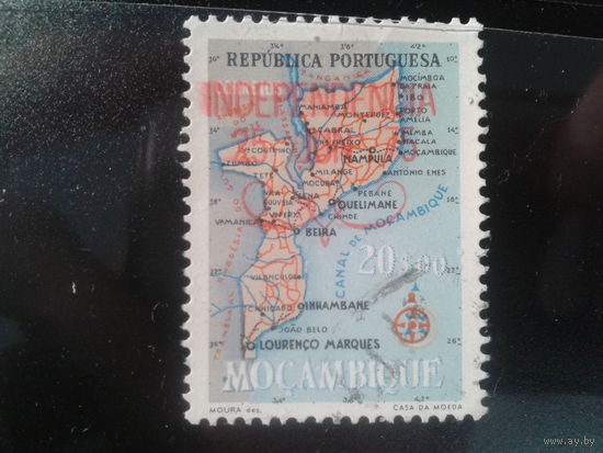 Мозамбик, 1975. Карта страны, надпечатка "независимость". Mi-2,6 евро гаш.