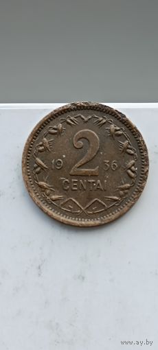 2 цента 1936 года. Литва - Первая Республика (1925 - 1938). Монета не чищена. 2514