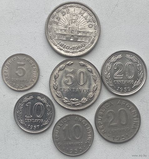 Аргентина 5, 10, 20, 50 сентаво, 1 песо 1941 - 1960 гг. Набор 7 шт.