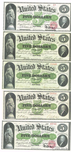 5доларов 1861, 1862 года Бостон,Луис,Филодельфия, Ньюорк 8шт. официальные копии редчаших  бонкнот США