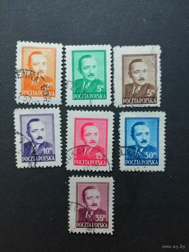 Польша 1948 Неполная серия марок "Президент Болеслав Берут" (гашение без клея, следы наклеек) Mi.518-520,522-523,525-526 каталог 2.20 евро