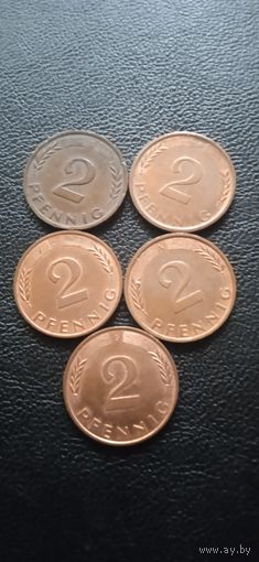 ФРГ 2 пфеннига 1960 D, 1980 F, 1990 J, 1991 А. 1995 G