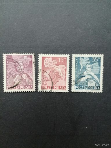 Польша 1949 Полная серия марок "Известные поляки" (гашение без клея, следы от наклеек) Mi.536-538 каталог 10.00 евро