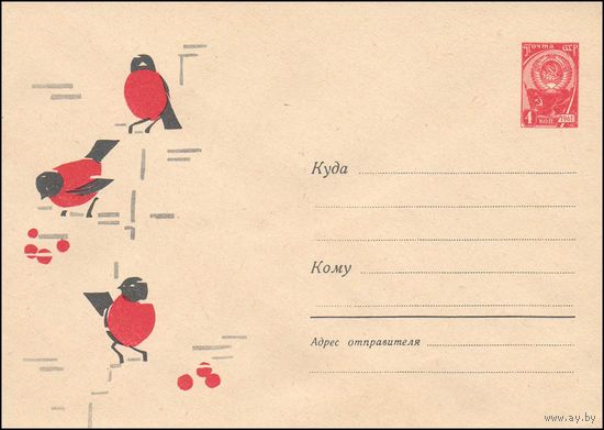 Художественный маркированный конверт СССР  N 2499 (25.04.1963) Рисунок снегирей на ветке рябины