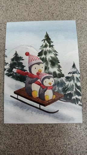 Открытка пингвины на санках. Новый год. Чистая