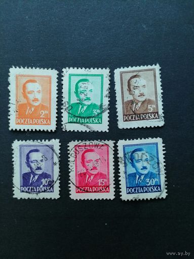 Польша 1948 Неполная серия марок "Президент Болеслав Берут" (гашение без клея, на двух наклейки) Mi.518-520,522-523,525 каталог 1.20 евро