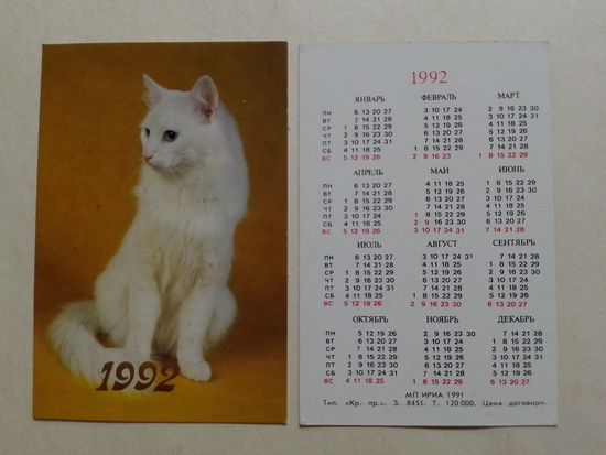 Карманный календарик. Котик.1992 год