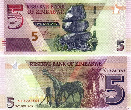Зимбабве 5 долларов 2019 год UNC
