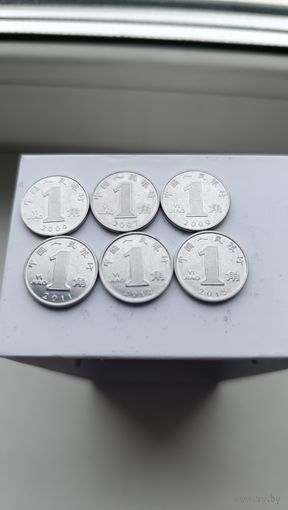 Сборный лот 1 цзяо (джао, jiao) Китай (Хризантема). Лот состоит из 6 монет. Монеты в блеске. 780