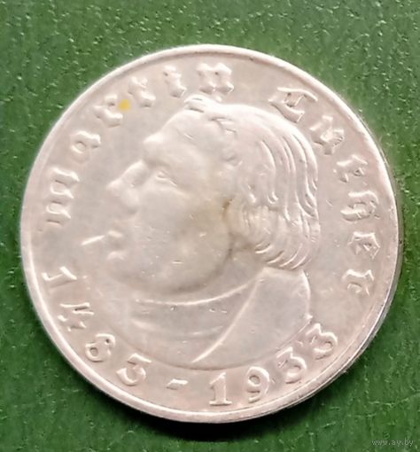 Германия 2 марки 1933D. Мартин Лютер