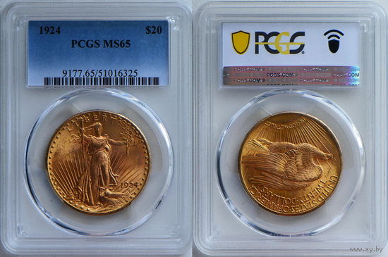 20 долларов 1924 г. Шагаюшая свобода. США. PCGS MS 65!!! Золото. KM# 131