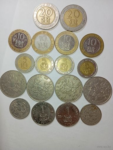 Кения 20 шиллингов 1998 , 2005 , 10 шиллингов 1994 , 1995 , 2005 , 2010 , 5 шиллингов 1995 , 1997 , 2009 , 2010 , 1 шиллинг 1966 , 1971 , 1980 , 1989 , 2005 , 2010 и 50 центов 1971 , 1977 года .