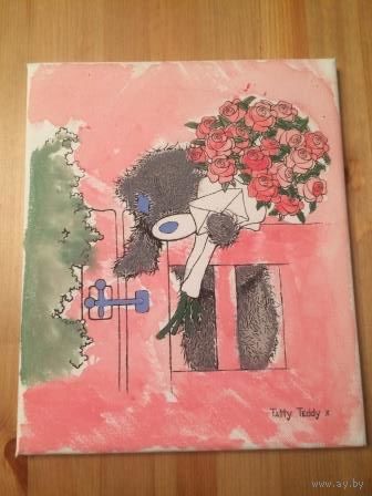 Красивая картинка Тедди в детскую комнату. Размер 30 на 25 см. Состояние б/у, в общем нормальное. нужна рамка, по бокам есть следы пользования, рамкой они закроются.