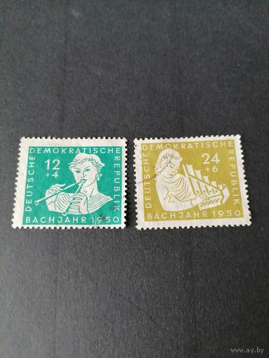ГДР 1950 Две марки из серии "200 лет со дня смерти Иоганна Себастьяна Баха" (гашение без клея со следом от наклейки) Mi.256-257 каталог 13.0 евро