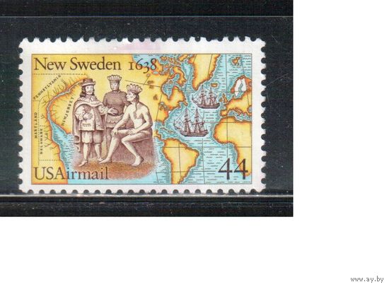 США-1988, (Мих.1974), гаш.,  Новая Швеция, Карта, Корабли, (одиночка),