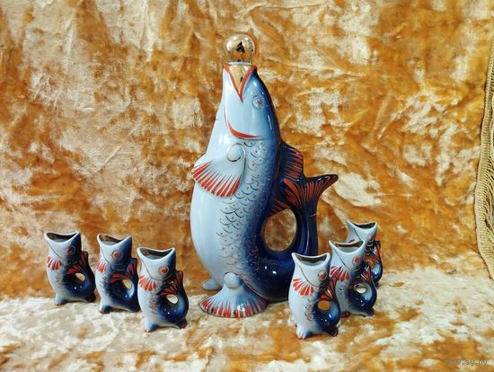 Графин и стопки Рыбки кобальтовые, Полонский з-д. СССР