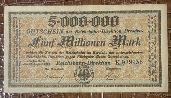 Банкнота 5 миллионов марок 1923 год. Дрезден. Веймарская республика.