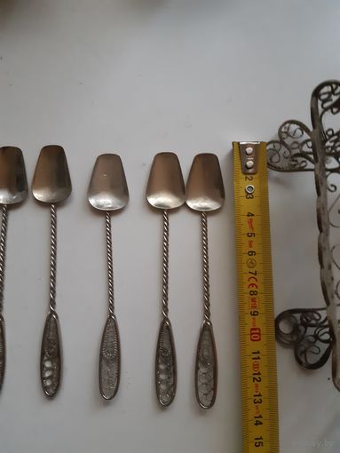 Набор мельхиор скань СССР  ( чайные ложки , подстаканник , конфетница )
