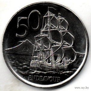 КОРОЛЕВСТВО НОВАЯ ЗЕЛАНДИЯ 50 ЦЕНТОВ 2006 г. ПАРУСНИК ИНДЕВОР (Корабль Джеймса Кука). Сталь с никелевым покрытием