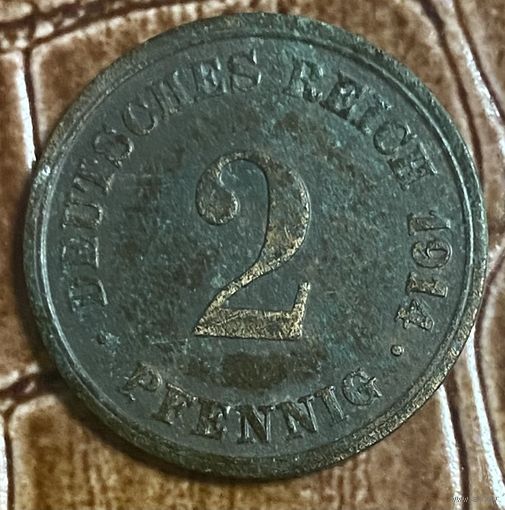 Монета 2 пфеннига 1914 год. Германская империя.