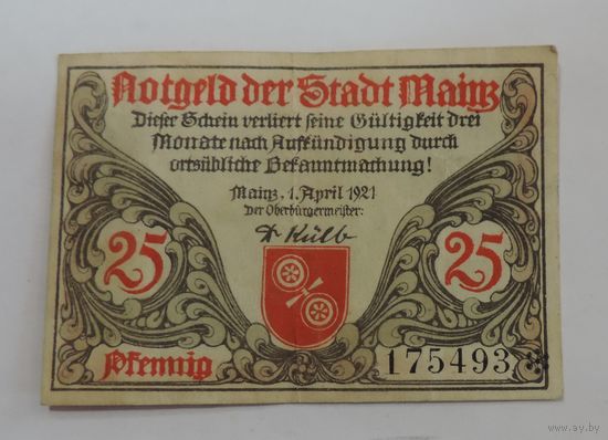 25 пфеннигов ( нотгельды) 1921 г. Германия.