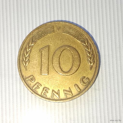 10 пфеннигов 1949 года(F) Федеративная республика. Шикарная родная жёлто-золотистая патина!