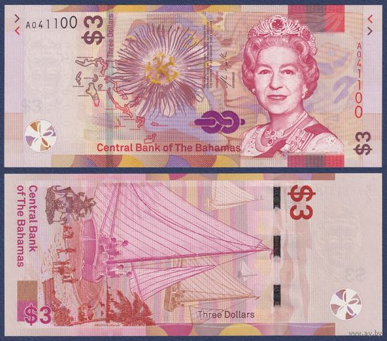 Багамские острова (Багамы), 3 доллара 2019 г, P-W78 (A, королева Елизавета II), UNC
