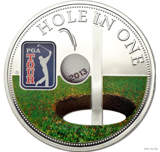 Острова Кука 5 долларов 2013г. "Гольф. Лунка. PGA TOUR". 65мм. Монета в капсуле; тематическом подарочном футляре; сертификат; коробка. СЕРЕБРО 30гр.