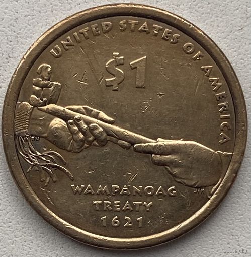 США 1 доллар 2011 г. Сакагавея. Трубка мира (Договор с Вампаноагами)