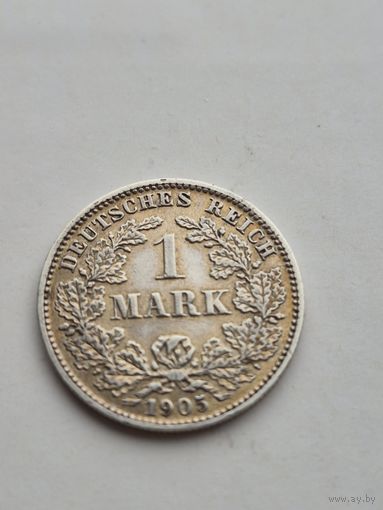 1 марка 1905 года. Германия. Вильгельм II. Серебро 900. Монета не чищена. 45436
