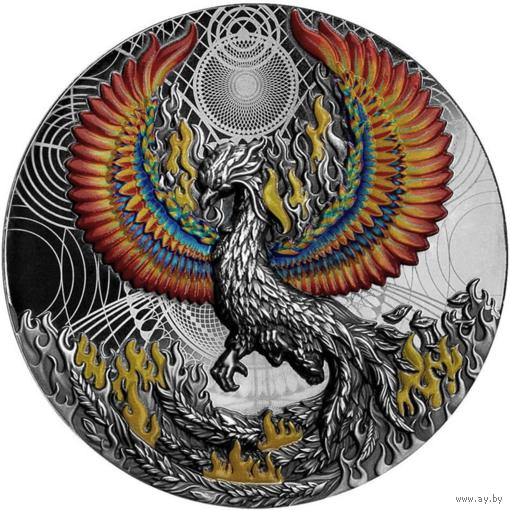 Ниуэ 5 долларов 2021г. "Феникс". Black Proof. Монета в капсуле; подарочной рамке - футляре; сертификат; коробка. СЕРЕБРО 62,20гр.(2 oz).