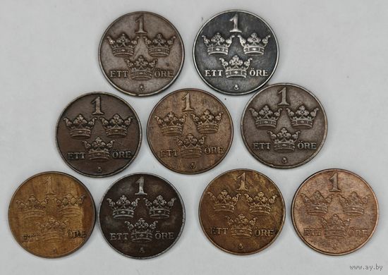 Монета 1, 2, 5 эре 1912-1950 гг. Швеция Одним лотом 23 шт. С рубля.