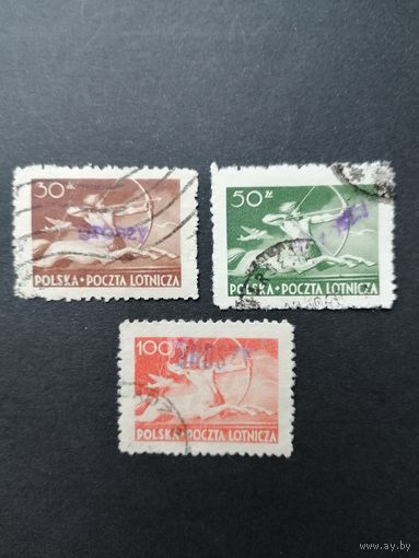 Польша 1950 Неполная серия марок с надпечаткой "GROSZY" на марках 1948 года Mi.481-482,484 "Кентавр" (гашение) Mi.587-588,590 каталог 17.00 евро
