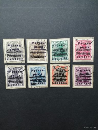 Польша 1918 Марки с надпечаткой "Polska Poczta Leczyca" на вырезках с марками Германии 1914/1918 годов выпуска оккупационной дирекции в Варшаве Mi.6-8,10,12-14,16 (гашение LENCZYCA) каталог 20.00 евро