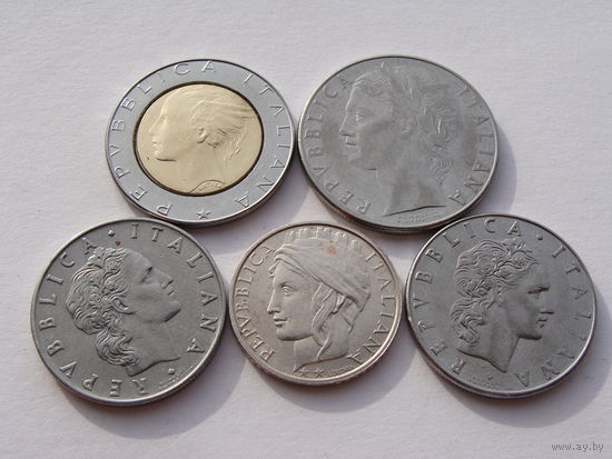 Италия. набор 5 монет 50,50,100,100,500 лир 1971-1989 год