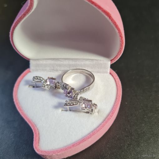Комплект серьги + кольцо с фиолетовыми камнями серебро 925 #30, С РУБЛЯ! МНОГО ЛОТОВ С РУБЛЯ!!