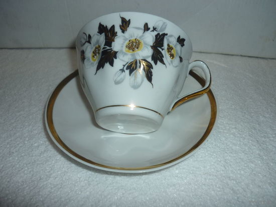 Чайная Пара Костяной Фарфор Рига СССР Золотая Зернь Ручная Роспись